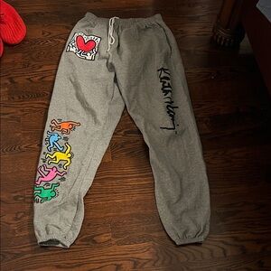 Ripple Junction Gray Sweatpants with Colorful Graphic Keith haring L size large